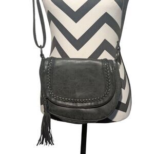 American Eagle Outfitters Faux Leather Saddle Crossbody Bag Gray Braided Tassel